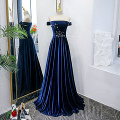 Bridesmaide Dress Colors, Blue Velvet Beaded Elegant Off Shoulder Evening Dress, Blue Long Prom Dress Party Dress