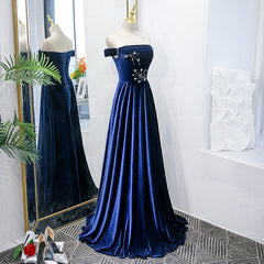 Bridesmaid Dress Colorful, Blue Velvet Beaded Elegant Off Shoulder Evening Dress, Blue Long Prom Dress Party Dress