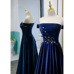 Bridesmaids Dress Colors, Blue Velvet Beaded Elegant Off Shoulder Evening Dress, Blue Long Prom Dress Party Dress