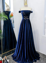 Bridesmaids Dresses Color, Blue Velvet Beaded Elegant Off Shoulder Evening Dress, Blue Long Prom Dress Party Dress