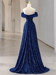 Evening Dress Shop, Blue Velvet Sequin Long Prom Dress, Blue Formal Dress