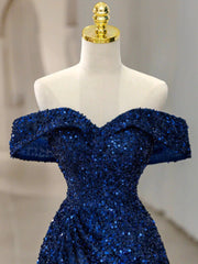 Evening Dress Ideas, Blue Velvet Sequin Long Prom Dress, Blue Formal Dress