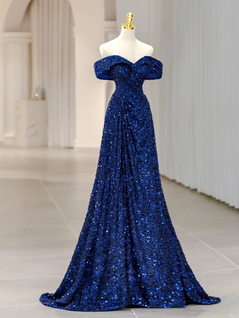 Evening Dress Elegant, Blue Velvet Sequin Long Prom Dress, Blue Formal Dress