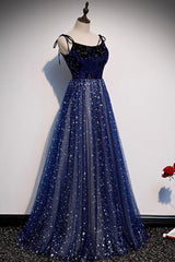 Prom Dresses Long Light Blue, Blue Velvet Tulle Long A-Line Prom Dress, Blue Spaghetti Straps Evening Dress