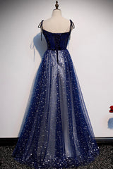 Prom Dresses Light Blue Long, Blue Velvet Tulle Long A-Line Prom Dress, Blue Spaghetti Straps Evening Dress