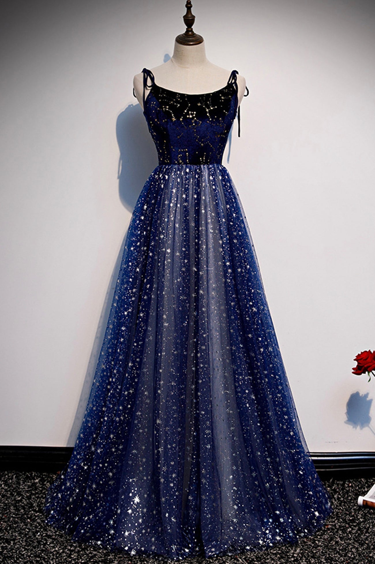Prom Dresses Long Navy, Blue Velvet Tulle Long A-Line Prom Dress, Blue Spaghetti Straps Evening Dress