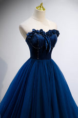 Homecoming Dresses Sage Green, Blue Velvet Tulle Long A-Line Prom Dress, Blue Strapless Formal Evening Dress