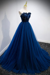 Homecoming Dresses, Blue Velvet Tulle Long A-Line Prom Dress, Blue Strapless Formal Evening Dress