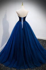 Homecoming Dresses Business Casual Outfits, Blue Velvet Tulle Long A-Line Prom Dress, Blue Strapless Formal Evening Dress