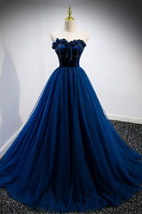 Homecoming Dress Chiffon, Blue Velvet Tulle Long A-Line Prom Dress, Blue Strapless Formal Evening Dress