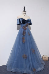 Prom Dress Long Sleeved, Blue Velvet Tulle Long A-Line Prom Dress, Off the Shoulder Evening Dress