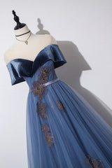 Prom Dress Long Sleeve, Blue Velvet Tulle Long A-Line Prom Dress, Off the Shoulder Evening Dress