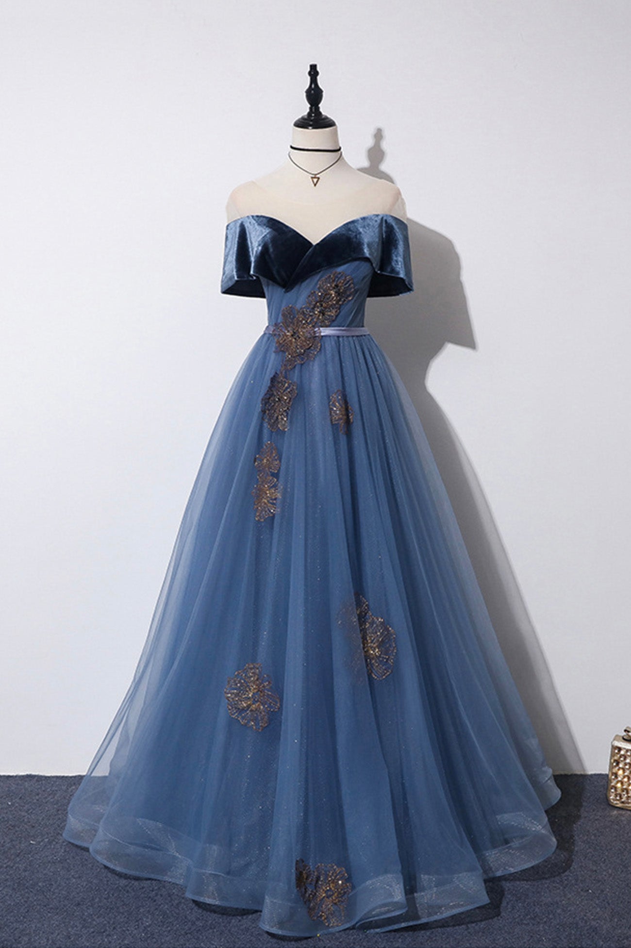 Prom Dress Long Sleeves, Blue Velvet Tulle Long A-Line Prom Dress, Off the Shoulder Evening Dress