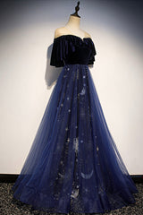 Wedding Party Dress, Blue Velvet Tulle Long Prom Dress, A-Line Blue Evening Party Dress