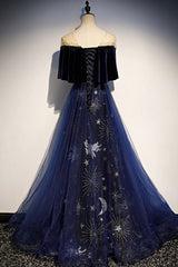 Semi Dress, Blue Velvet Tulle Long Prom Dress, A-Line Blue Evening Party Dress