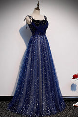 Bridesmaid Dressing Gown, Blue Velvet Tulle Long Prom Dress, A-Line Evening Party Dress