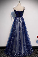 Bridesmaid Dress Gown, Blue Velvet Tulle Long Prom Dress, A-Line Evening Party Dress