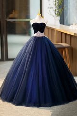 Bridesmaid Dresses Vintage, Blue Velvet Tulle Long Prom Dresses, Blue Evening Party Dresses