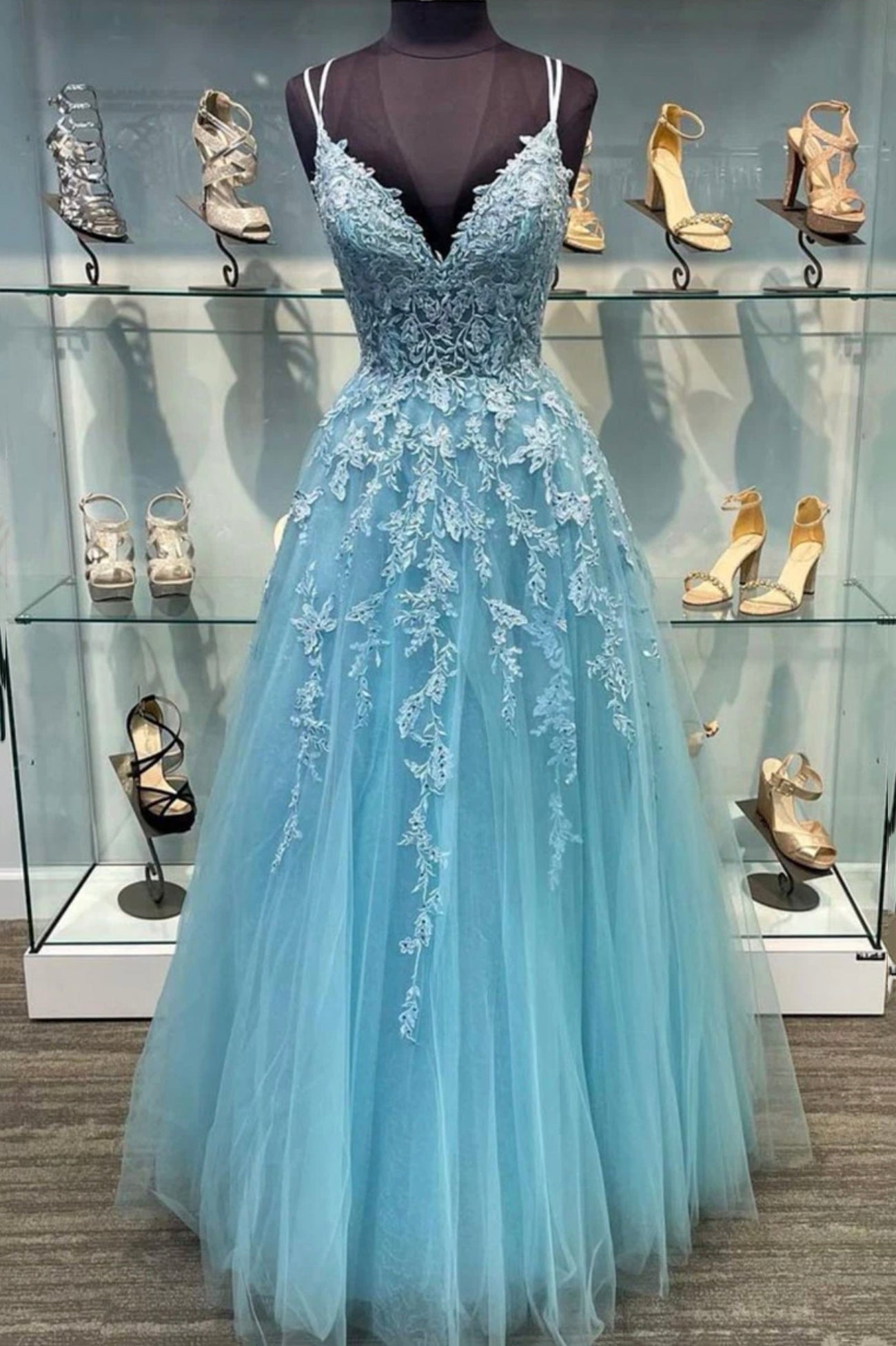 Silk Prom Dress, Blue V-Neck Tulle Long Prom Dresses, A-Line Evening Dresses with Lace