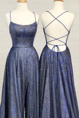 Bridesmaid Dresses Convertable, Blue A-Line Backless Long Prom Dresses, Blue Evening Dresses