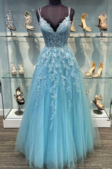 Silk Prom Dress, Blue V-Neck Tulle Long Prom Dresses, A-Line Evening Dresses with Lace