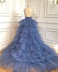Party Dresses For Girl, Blue V Neck Tiered Sleeveless Tulle Prom Dress, Gorgeous Long Party Dress