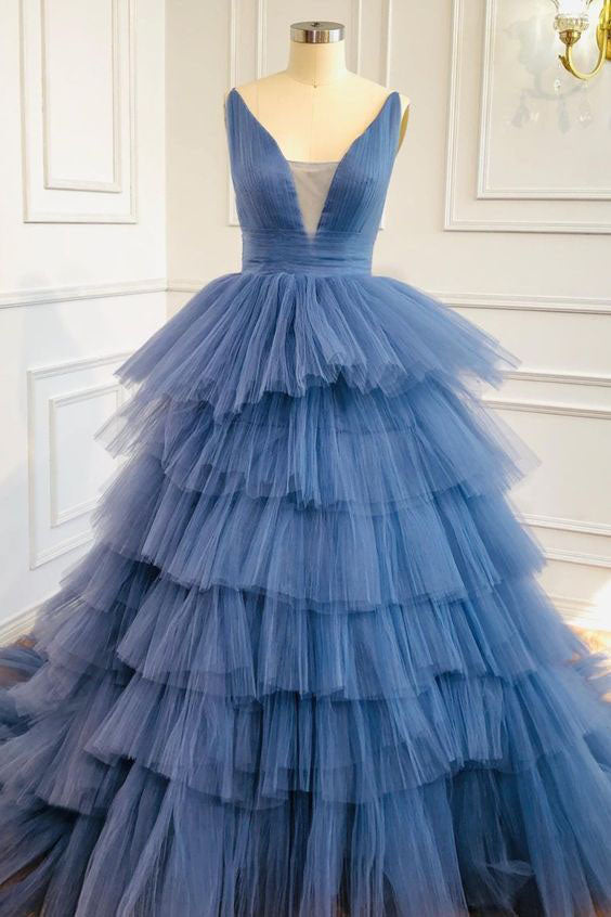 Party Dress For Girl, Blue V Neck Tiered Sleeveless Tulle Prom Dress, Gorgeous Long Party Dress