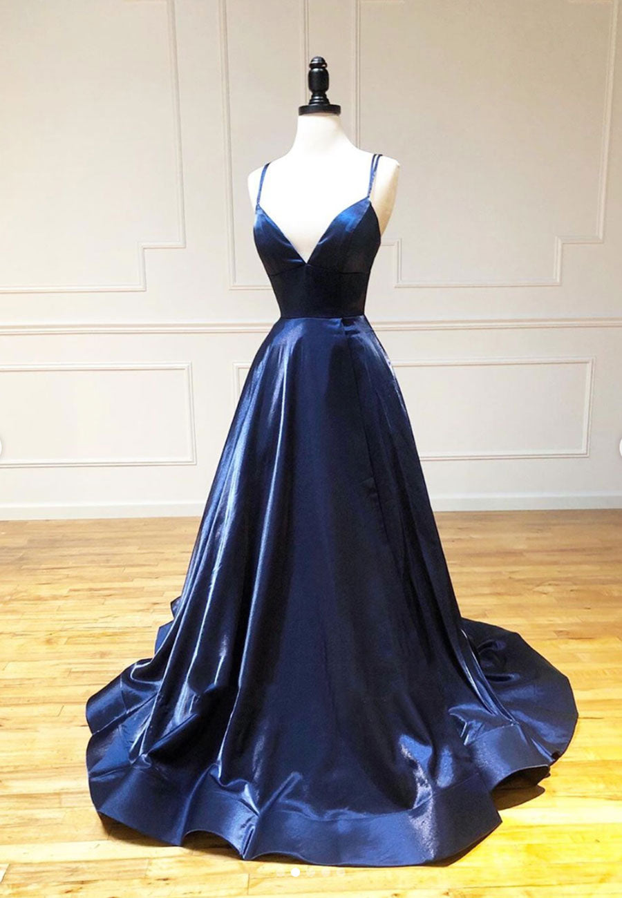 Party Dresses Ideas, Simple Satin Long Prom Dresses, A Line Blue Evening Dresses