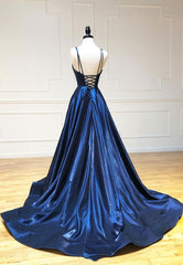 Party Dress A Line, Simple Satin Long Prom Dresses, A Line Blue Evening Dresses