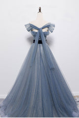 Party Dress Long Sleeve Maxi, Blue Off the Shoulder Tulle Long Prom Dress with Sash, Sparkly Formal Gown