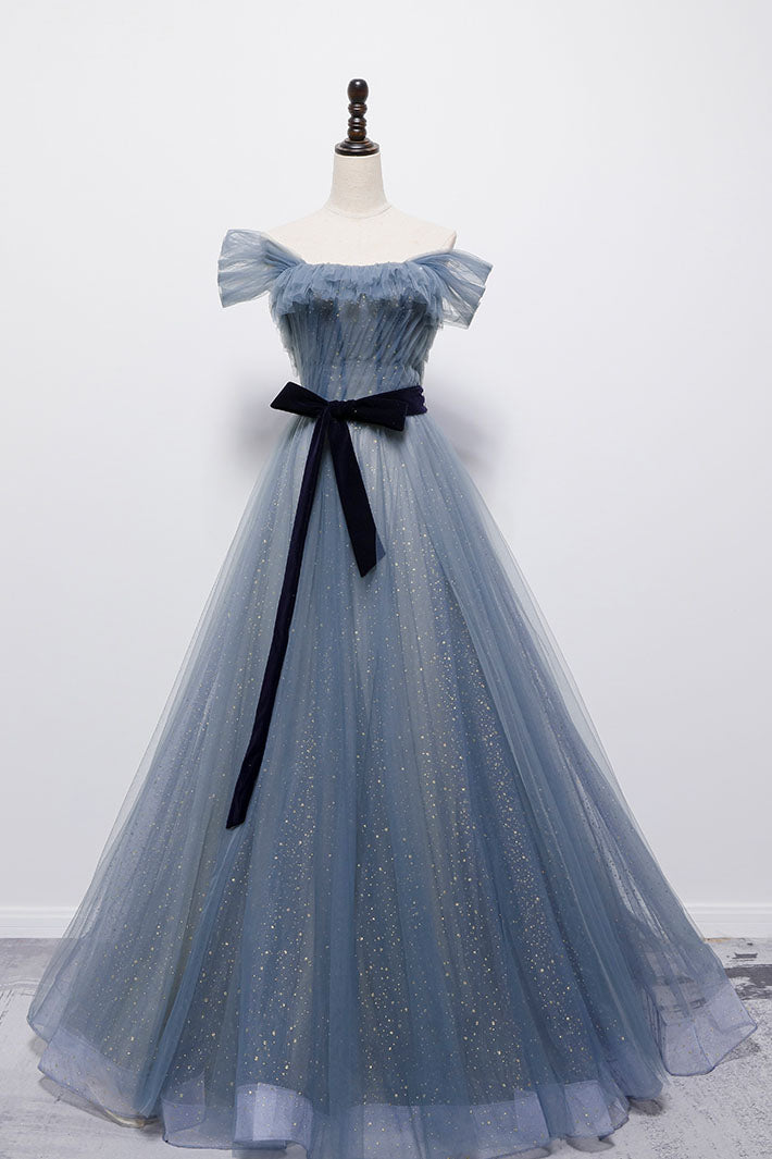 Party Dresses, Blue Off the Shoulder Tulle Long Prom Dress with Sash, Sparkly Formal Gown