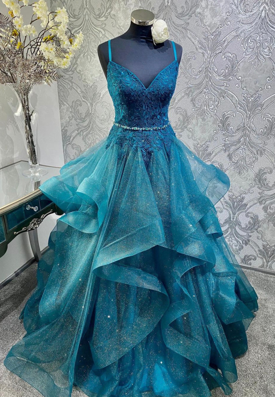 Party Dresses For Teenage Girls, Blue Tulle Lace Long Prom Dresses, A-Line Spaghetti Straps Evening Dresses