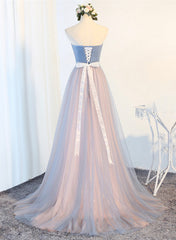 Party Dress Over 60, Blue Tulle Long Prom Dresses, A-Line Strapless Evening Dresses