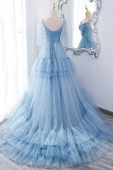 Party Dress Jeans, A Line V Neck New Style Tiered Long Tulle Prom Dress, Evening Gown with Flower
