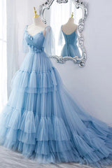 Party Dress Quotesparty Dresses Wedding, A Line V Neck New Style Tiered Long Tulle Prom Dress, Evening Gown with Flower