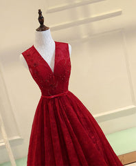 Formal Dresses For Wedding, Burgundy V Neck Lace Long Prom Dress, Burgundy Evening Dress