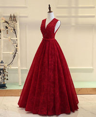 Formal Dress For Weddings, Burgundy V Neck Lace Long Prom Dress, Burgundy Evening Dress