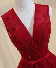 Formal Dress For Wedding, Burgundy V Neck Lace Long Prom Dress, Burgundy Evening Dress