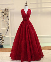 Formal Dresses And Gowns, Burgundy V Neck Lace Long Prom Dress, Burgundy Evening Dress