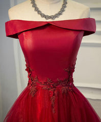 Prom Dress Aesthetic, Burgundy Lace Tulle Long Prom Dress, Off Shoulder Evening Dress