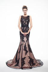 Modest Prom Dress, Brown And Black Memraid Appliques Backless Prom Dresses With Sash