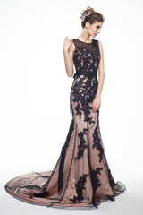 Trendy Dress Outfit, Brown And Black Memraid Appliques Backless Prom Dresses With Sash