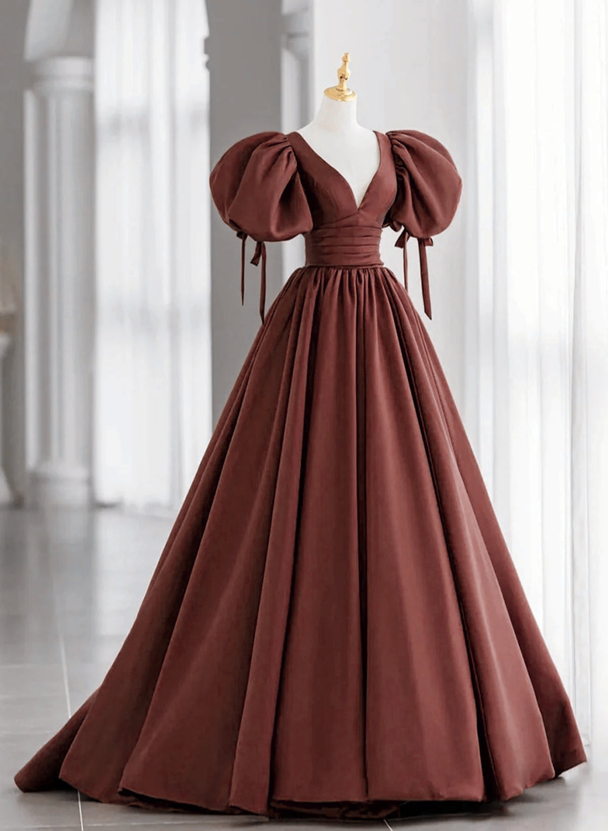 Bridesmaid Dress Shops, Brown Satin Short Sleeves Long Party Dress, Brown V-neckline Prom Dress