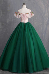 Little Black Dress, Green Off the Shoulder Floor Length Prom Dress with Appliques, Puffy Quinceanera Dress