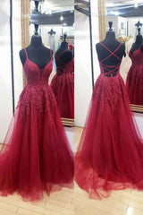 Backless Prom Dress, Burgundy Lace Long Prom Dresses, A-Line Backless Evening Dresses