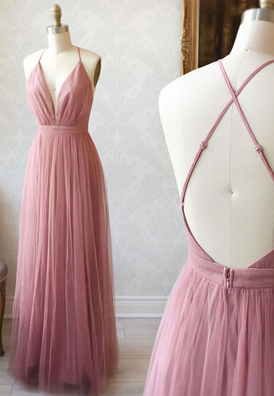 Party Dresses Outfits Ideas, Simple Tulle Long Prom Dress, A Line Backless Evening Dress