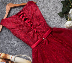 Sweater Dress, Burgundy A Line Lace Short Prom Dress, Burgundy Evening Dress