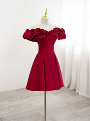 Festival Outfit, Burgundy A-Line Off Shoulder Satin  Short Prom Dress, Burgundy Homecoming Dress