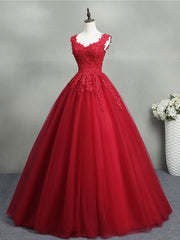 Prom Dress Lace, Burgundy A-Line Tulle Lace Long Prom Dress, Burgundy Formal Evening Dress