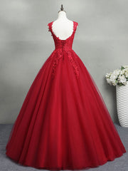 Prom Dresses Long Beautiful, Burgundy A-Line Tulle Lace Long Prom Dress, Burgundy Formal Evening Dress